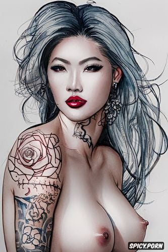 stunning face, korean, perfect body, perfect fake breasts, tattoo model