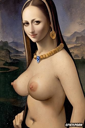 portrait, lovely smiling face, big tits, detailed, mona lisa