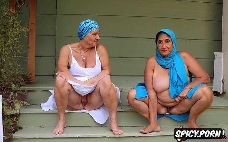 two big fat old women sitting on steps, shot from little above eye level