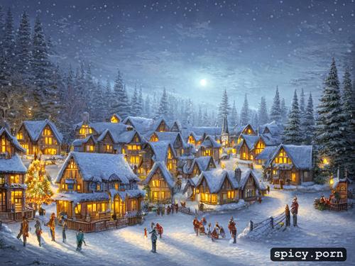 at christmas, thomas kinkade style painting of a beautiful village in the middle of an enchanted forest