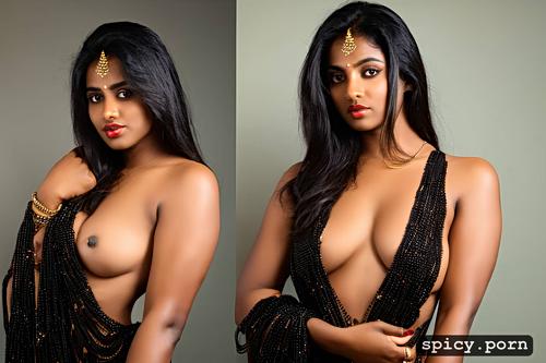 small boobs, south indian woman, dark skinned, black dress, style realistic portrait