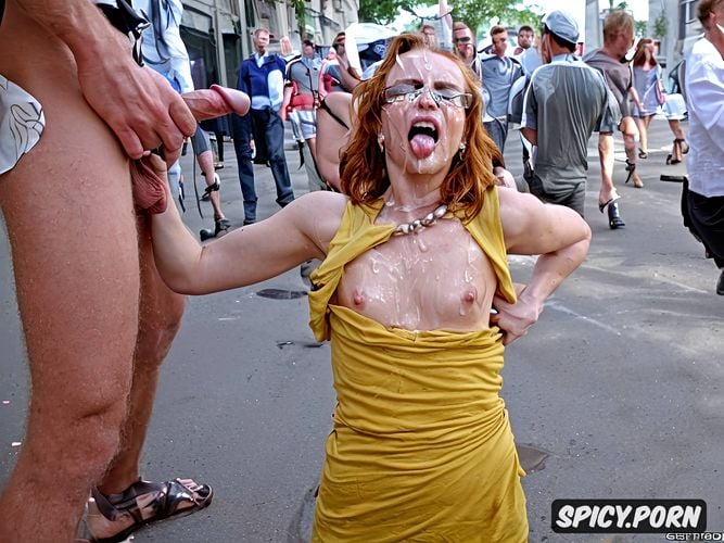 completely naked, young teen face, blevel german tween attacked in the street in front of a crowd of people