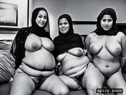 obese arabic grannies group, big boobs, many belly curves, open hijab