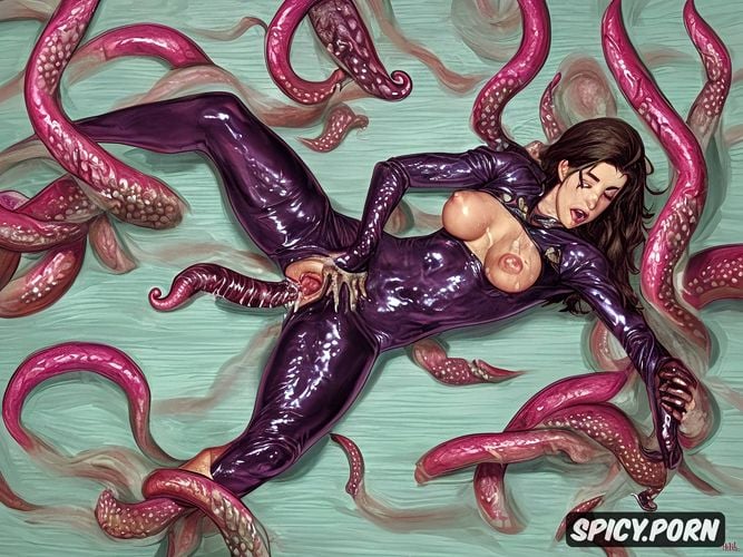 tentacle sex, pussy penetrated, sweaty wet oily shiny slick skin wearing shiny wet oily red latex cosplay catsuit bodysuit with crotch and breast cutouts