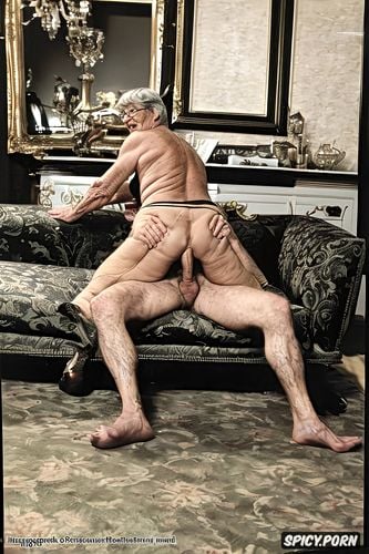 scrawny granny with tiny breast, body, ass and legs riding a muscular old man with massive dick showing hairy armpits sitting on couch looking back at the camera