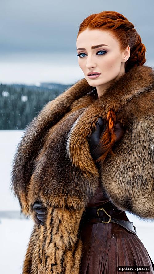 realistic, wearing pelt, snowy landscape, sansa stark, ultra detailed