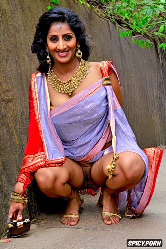 masterpiece, skin pores, a fully dressed in saree stunning typical gujarati trophy wife squatting facing the viewer
