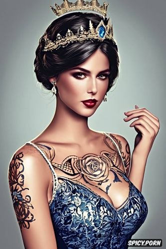 tattoos masterpiece, k shot on canon dslr, ultra detailed, elizabeth bioshock infinite beautiful face young tight low cut dark blue lace wedding gown tiara