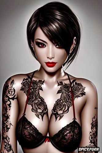 tattoos masterpiece, k shot on canon dslr, ultra detailed, ada wong resident evil beautiful face young erotic low cut black lace lingerie