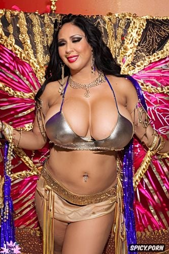 in an oriental bazaar, massive saggy breasts, color photo, beautiful1 75 bellydance costume with matching bikini top