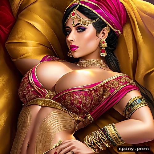 saree, gold jewelry, busty, indian, bride, seducing pose, wide hips