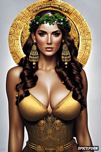 olive skin, greek mythology, high cheekbones, medium round perky natural breasts