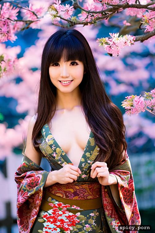kimono, smile, long brown hair, japanese, 25yo, realistic, cute