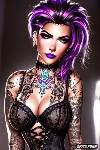 high resolution, k shot on canon dslr, tattoos masterpiece, sombra overwatch beautiful face young sexy low cut black lace corset and stockings