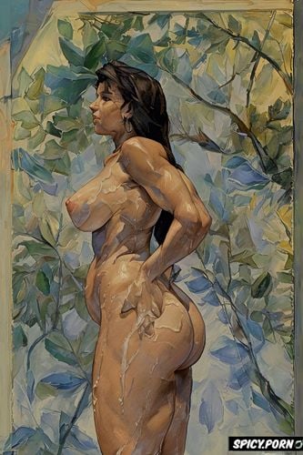 topless, gina gershon, wide hips, expressionism, jungle, intricate long hair