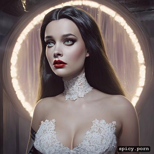 8k, in a dungeon, wearing white lace dress with black trim, symmetrical face