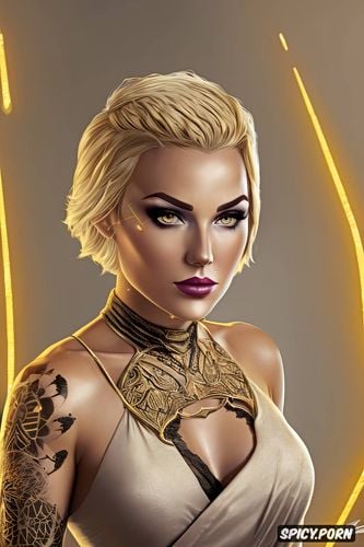 highres, ultra realistic, tattoos, ultra detailed, lana beniko star wars the old republic beautiful face pale skin short blonde pixie cut hair soft golden eyes tattered sith robes full body shot