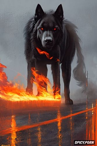 huge black dog, rural highway, fiery red eyes, dense fog, baring it s teeth