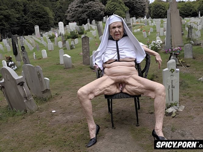 very old granny, zombie, cemetery, catholic nun, huge erected nipples