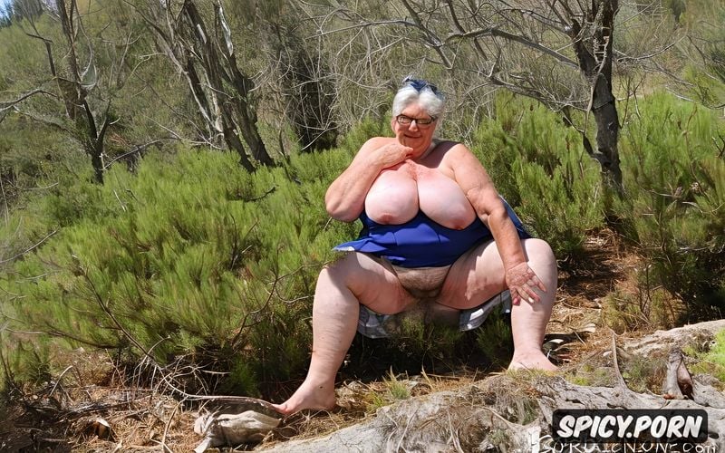 ninety year old, wrinkled, topless, on an abandoned mattress in a mediterranean pine forest