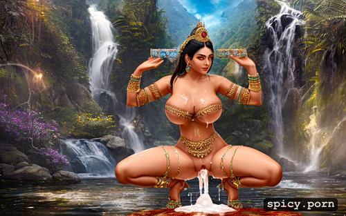 photographic style, cum drenched, hairy vagina, squat, hindu goddess