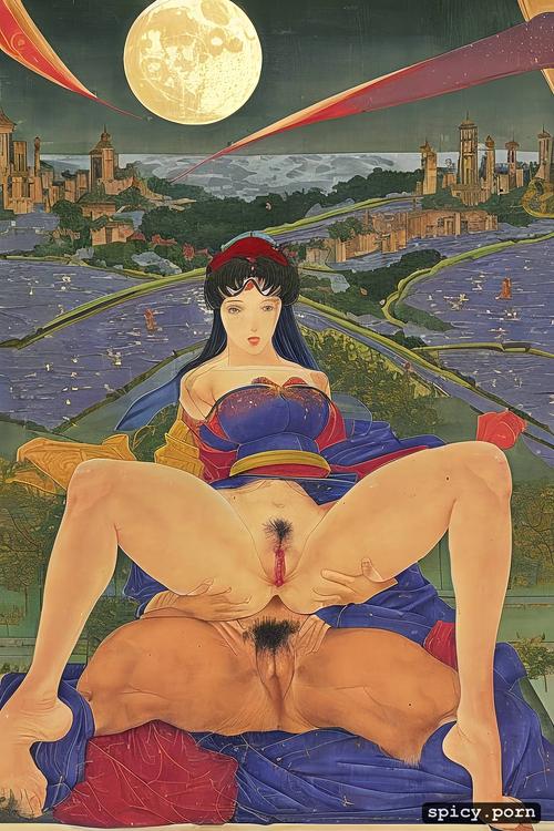 15th century painting, japanese woodblock print, barefoot, overlooking a city skyscrapers in the distance night dark moon moonlight illuminates her vagina dark colors muddy colors