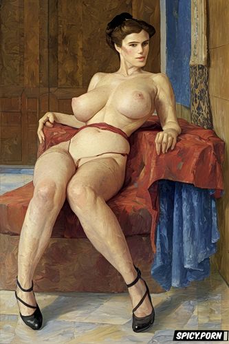 medieval art, elderly woman, fat thighs, very long neck, muscular arms