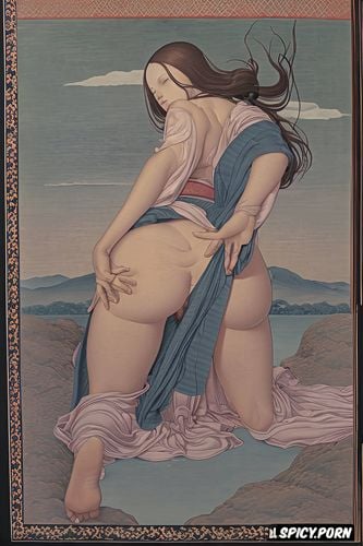 14th century painting, 2 dimensional, bright halo, hairy vagina