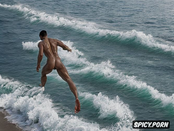 high waves, full body shot, bodybuilder like, wind, superdetailled very tall witch nude naked