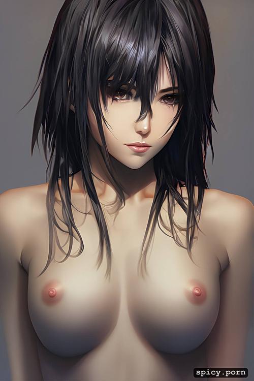partially clothed, beautiful realistic anime art style, two toned dark hair