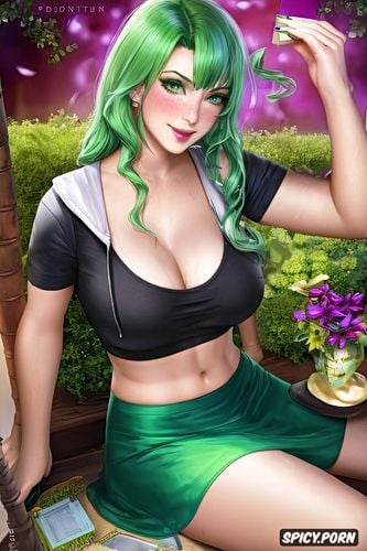 crossdresser, short skirt, green hair