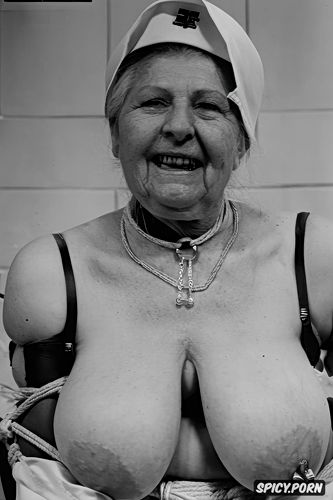 old geriatric elderly women, sharp focus, happy, big saggy tits