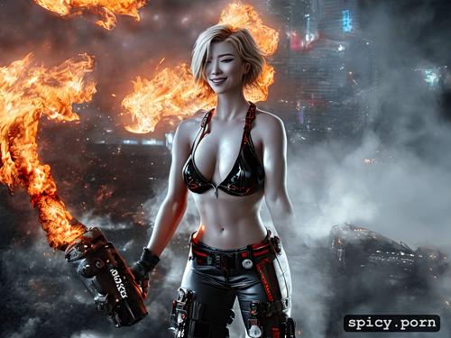 firetruck, cyberpunk, exposed nipples, realism, firewoman, blonde short hair