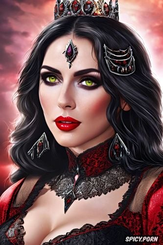 k shot on canon dslr, ultra detailed, ultra realistic, yennefer of vengerberg the witcher sexy tight low cut red lace dress tiara beautiful face full lips milf masterpiece
