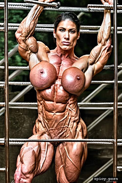 nude muscle woman breaking thick ironbars, style photo, bending ironbars with hands