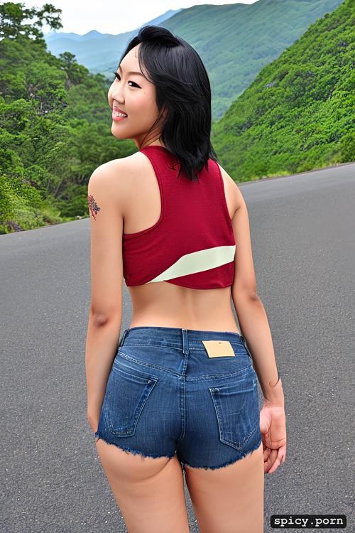 beautiful taiwanese woman, standing aside a motorcycle, masterpiece