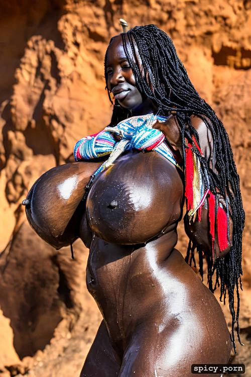 thick, 50 yo, big hips, long dark hair, full body, himba african wild tribe woman woman wet