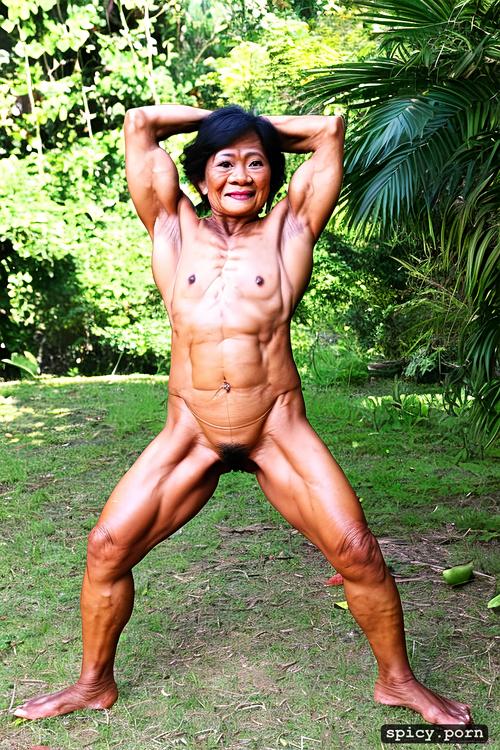 hairy pubis, flexing biceps, muscular legs, outdoor, midget