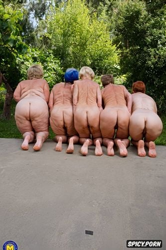 athletic bodytype, on knees, five of naked grannies on their knees