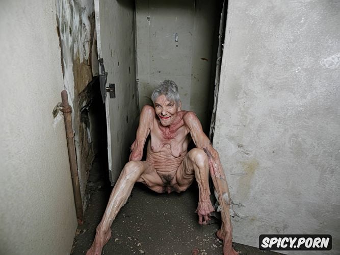 zombie, grey hair, super old granny, pale, indoors, spreading legs