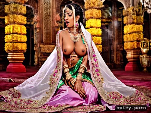 urine spraying out like shower, hindu temple, loving gaze bride wearing only wedding jewellery