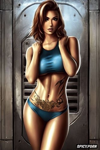masterpiece, ultra detailed, high resolution, tattoos, female vault dweller fallout beautiful face full body shot