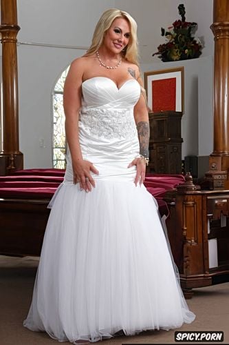 front, cute, wedding dress, milf, church, full body, wife, blonde hair