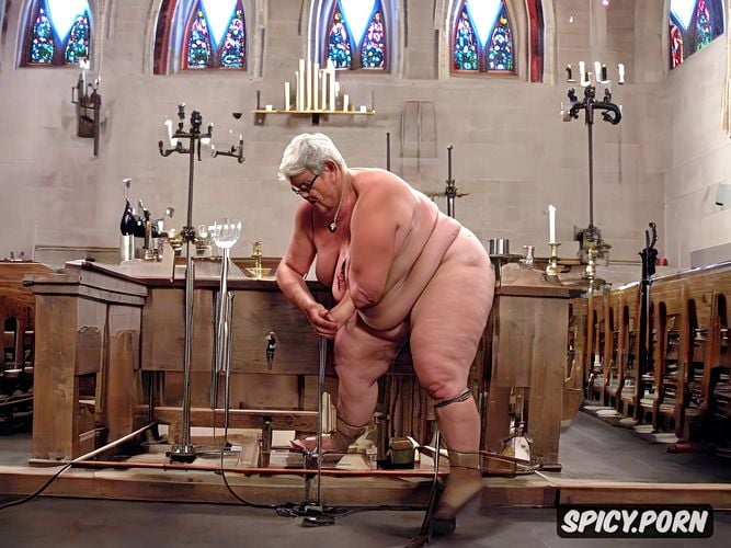 glasses, obese, granny granny, pissing in church, nude, stained glass windows