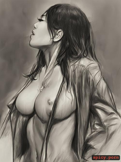 sweating, charcoal, small boobs, 18yo, sketch, intricate boobs