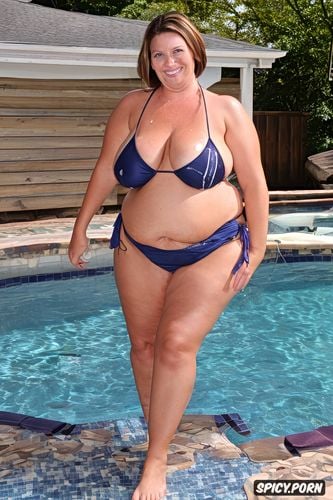 smiling white woman, milf, bikini, obese, massive saggy boobs