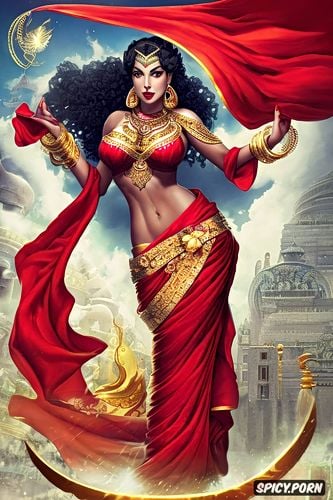golden crown, multiple arms, goddess, white body, red sari, cute and beautiful face