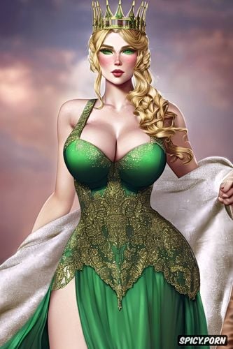 ultra realistic, queen anora dragon age origins beautiful face pale skin green eyes golden blonde hair in an elegant double bun young upper body shot