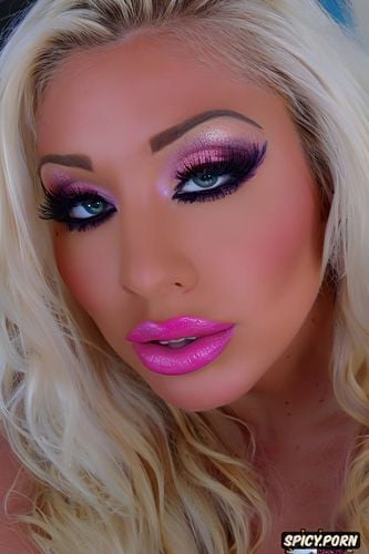 teen, covered in pink makeup, pink lipstick, pink blush, thick pink makeup