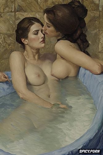 taking a bath, intimate tender lips, blowjob, cézanne oil painting